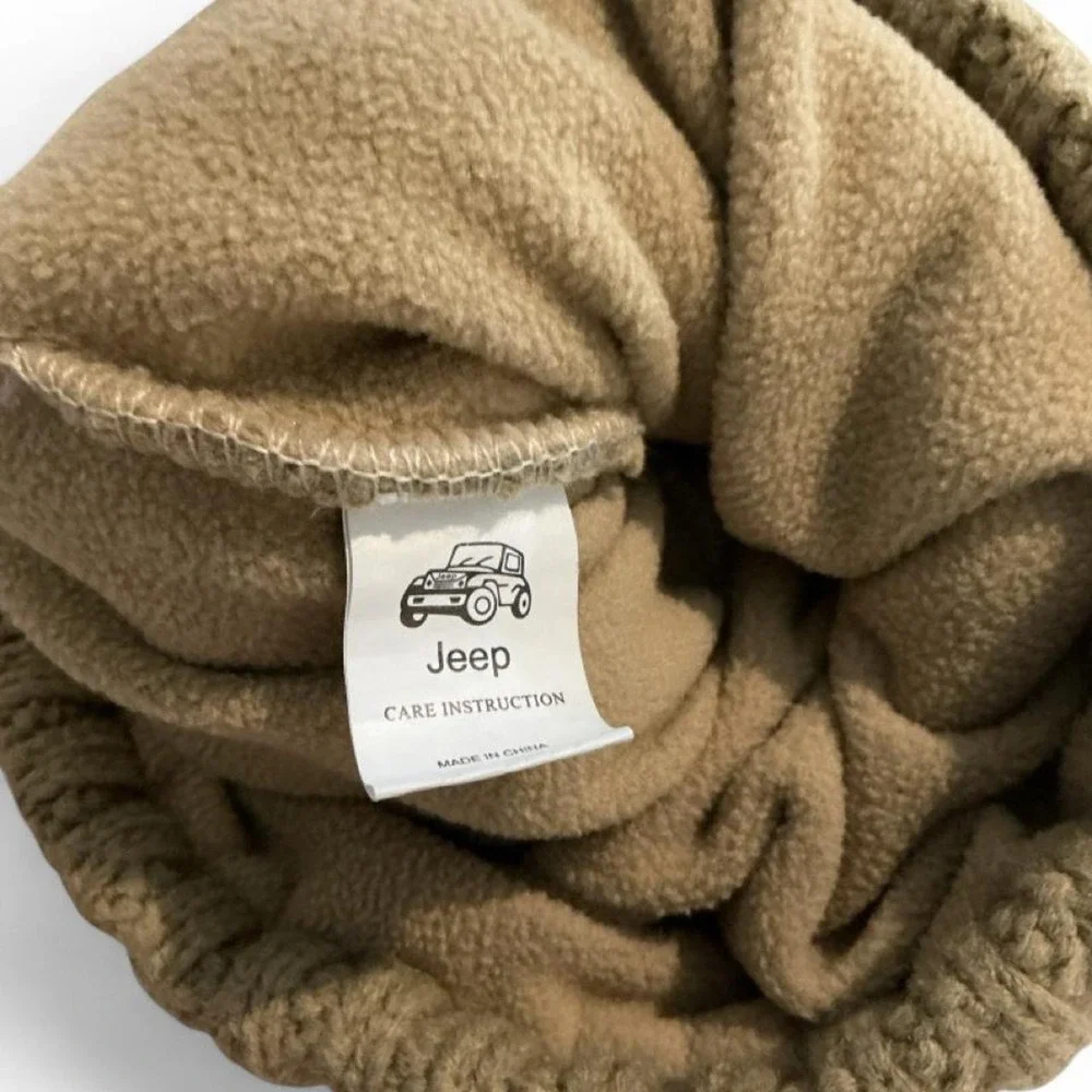Jeep Cable Knit Beanie Hat Unisex OS Tan Khaki Fleece Lined Ribbed